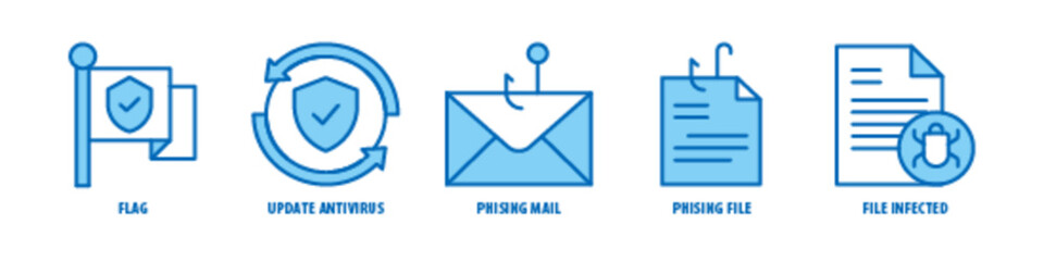 File Infected, Phishing File, Phishing mail, Update Antivirus, Flag editable stroke outline icons set isolated on white background flat vector illustration.