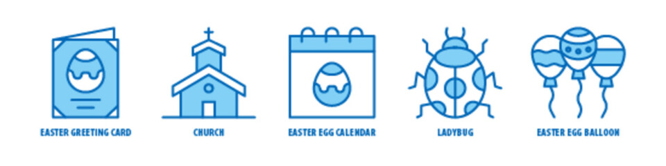 Easter Egg Balloon, Ladybug, Easter Egg Calendar, Church, Easter Greeting Card editable stroke outline icons set isolated on white background flat vector illustration.