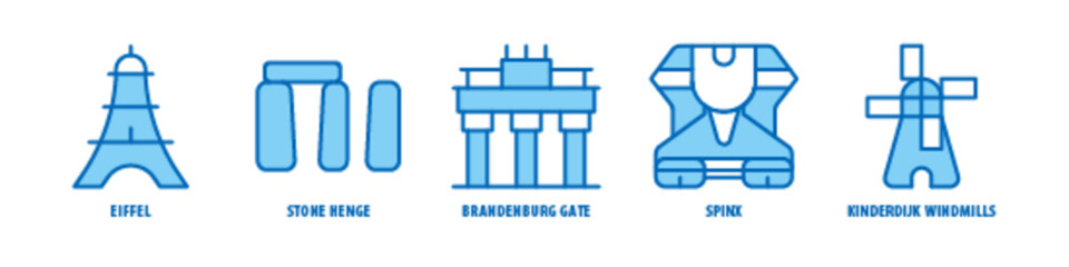 Kinderdijk windmills, Sphinx, Brandenburg gate, Stone Henge, Eiffel editable stroke outline icons set isolated on white background flat vector illustration.