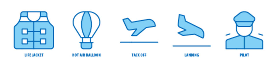 Pilot, Landing, Tack off, Hot air Balloon, Life Jacket editable stroke outline icons set isolated on white background flat vector illustration.