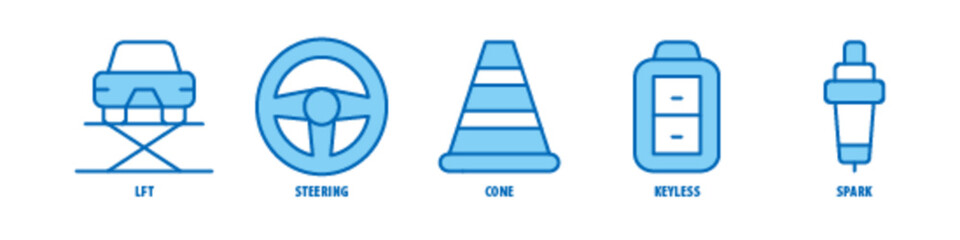 Spark, Keyless, Cone, Steering, Lift editable stroke outline icons set isolated on white background flat vector illustration.