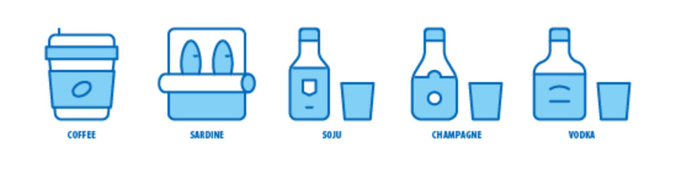Vodka, Champagne, Soju, Sardine, Coffee editable stroke outline icons set isolated on white background flat vector illustration.