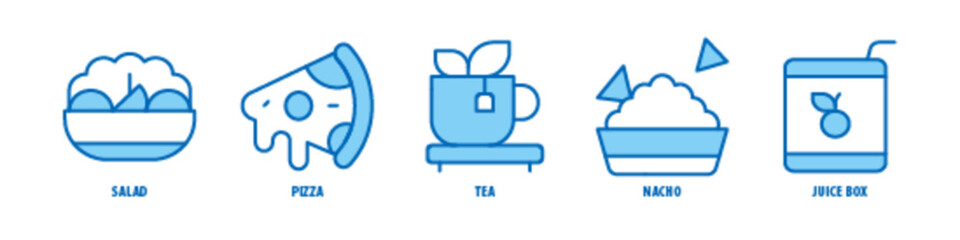 Juice box, Nacho, Tea, Pizza, Salad editable stroke outline icons set isolated on white background flat vector illustration.