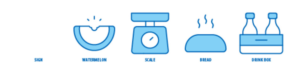 Drink box, Bread, Scale, Watermelon, Sign editable stroke outline icons set isolated on white background flat vector illustration.