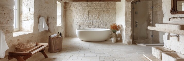 Internal bathroom with Italian style stone walls and columns.