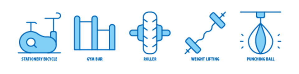 Punching Ball, Weight lifting, Roller, Gym Bar, Stationary bicycle editable stroke outline icons set isolated on white background flat vector illustration.