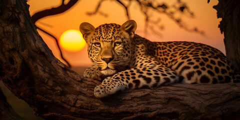 Beautiful leopard resting on top of a tree in africa generated ai