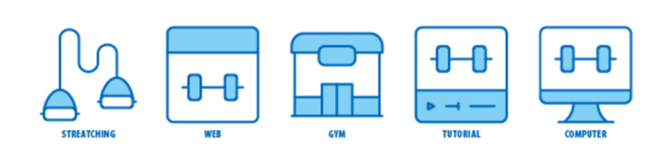 Fototapeta premium Computer, Tutorial, Gym, Web, Stretching editable stroke outline icons set isolated on white background flat vector illustration.