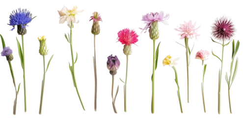 collection of thistles flowers, isolated on a transparent background