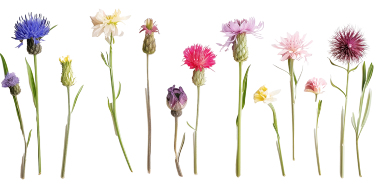 collection of thistles flowers, isolated on a transparent background