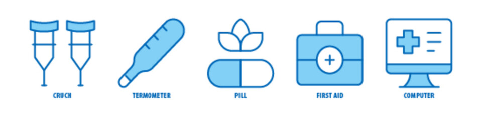 Obraz premium Computer, First Aid, Pill, Thermometer, Crutch editable stroke outline icons set isolated on white background flat vector illustration.