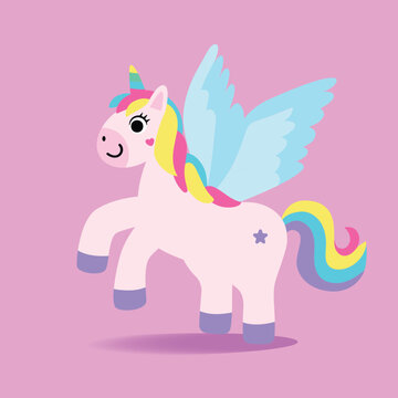 Adorable Unicorn illustration.Cute Little Baby Unicorn with Rainbow Hair and white wings. © vvadyab