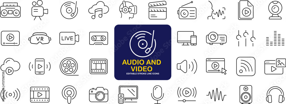 Leinwandbilder audio video set of web icons in line style. music and video icons for web and mobile app. podcast, v