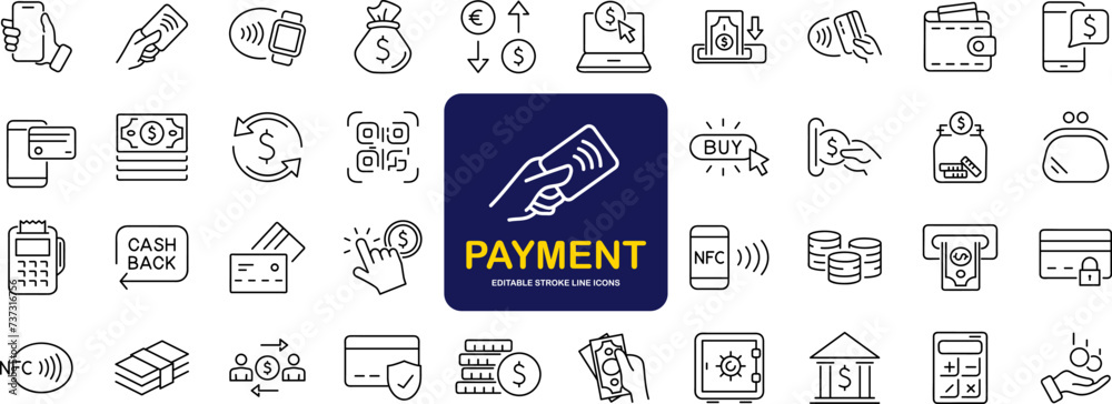 Aufkleber Payment set of web icons in line style. Business and finance payment icons for web and mobile app. Credit card, money, banking, exchange, cash and transaction, NFC. Vector illustration