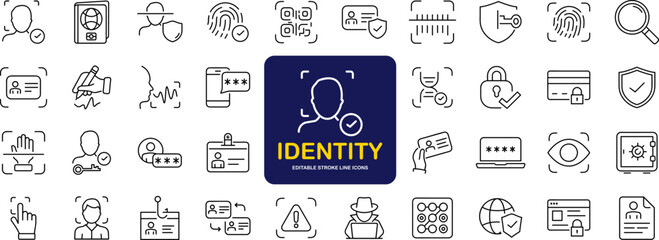 Identity set of web icons in line style. Verification icons for web and mobile app. Fingerprint, face identification, ID card, voice recognition, DNA, Passport. Vector illustration
