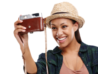 Selfie, face and woman with retro camera for holiday photographer isolated on transparent png background. Travel, memory and happy girl on vacation with vintage style photography, smile and straw hat