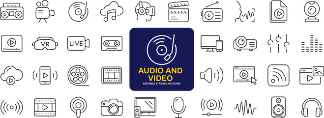 Audio Video set of web icons in line style. Music and Video icons for web and mobile app. Podcast, video media player, radio, song. Vector illustration