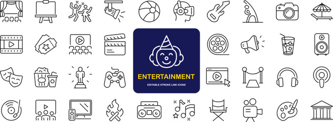 Entertainment set of web icons in line style. Lifestyle and Entertainment icons for web and mobile app. Theater, cinema, video, dance, theater, game. Vector illustration