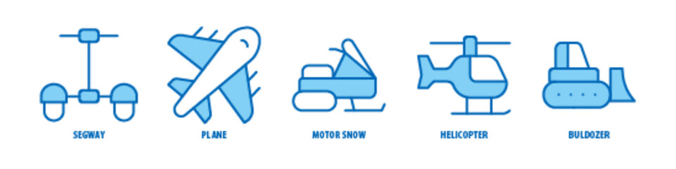 Bulldozer, Helicopter, Motor snow, Plane, Segway editable stroke outline icons set isolated on white background flat vector illustration.