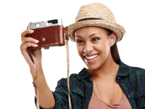 Selfie, face and woman with retro camera for holiday photographer isolated on transparent png background. Travel, memory and happy girl on vacation with vintage style photography, smile and straw hat
