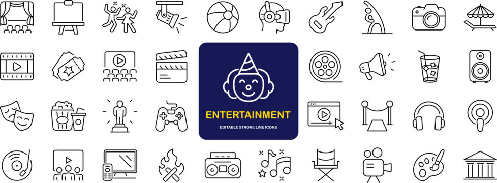 Entertainment set of web icons in line style. Lifestyle and Entertainment icons for web and mobile app. Theater, cinema, video, dance, theater, game. Vector illustration