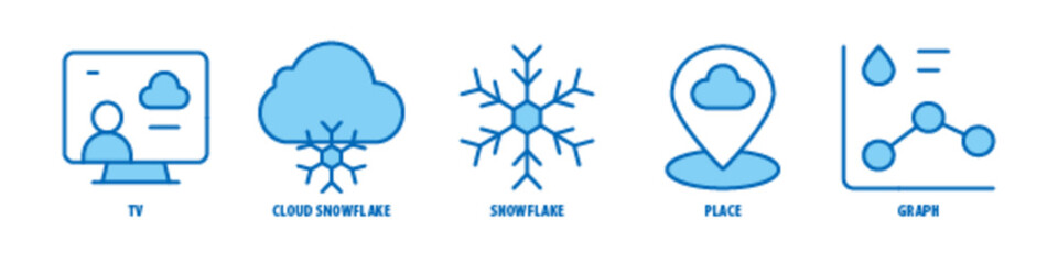 Graph, Place, Snowflake, Cloud Snowflake, TV editable stroke outline icons set isolated on white background flat vector illustration.