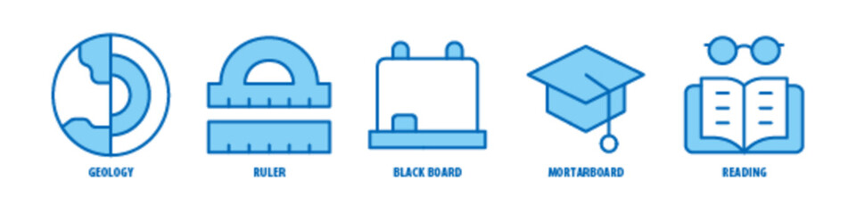 Obraz premium Reading, Mortarboard, Black Board, Ruler, Geology editable stroke outline icons set isolated on white background flat vector illustration.
