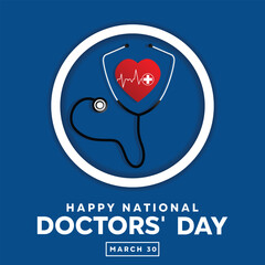 National Doctors' Day. Blue background. Shield-shaped stestoscope, Circle and heart. cards, banners, posters, social media and more. .