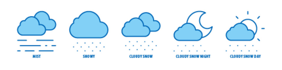 Cloudy Snow Day, Cloudy Snow Night, Cloudy Snow, Snowy, Mist editable stroke outline icons set isolated on white background flat vector illustration.