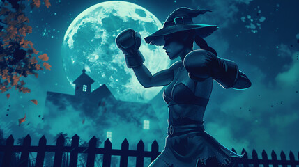 A detailed illustration of a boxing witch practicing aggressive punches under the moonlight