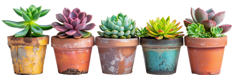collection of succulents in various pots, isolated on a transparent background