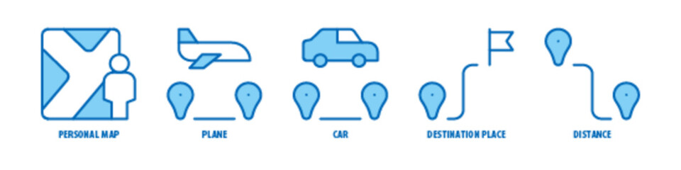 Distance, Destination place, Car, Plane, Personal Map editable stroke outline icons set isolated on white background flat vector illustration.