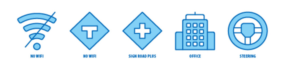 Steering, Office, Sign Road Plus, No Wifi, No Wifi editable stroke outline icons set isolated on white background flat vector illustration.