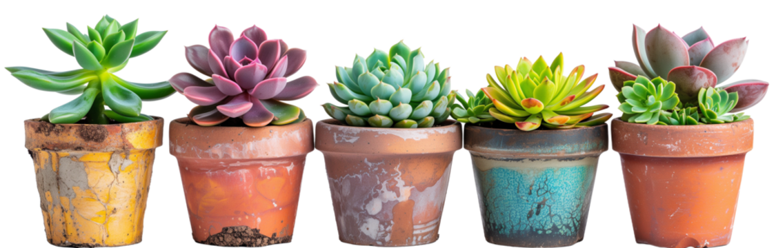 collection of succulents in various pots, isolated on a transparent background