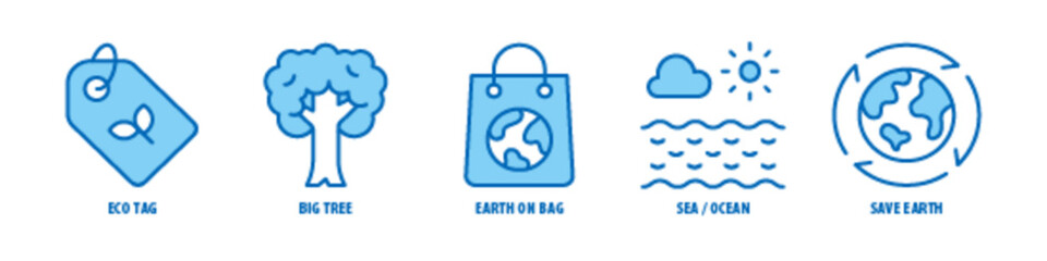 Save Earth, Sea / Ocean, Earth on Bag, Big Tree, Eco Tag editable stroke outline icons set isolated on white background flat vector illustration.