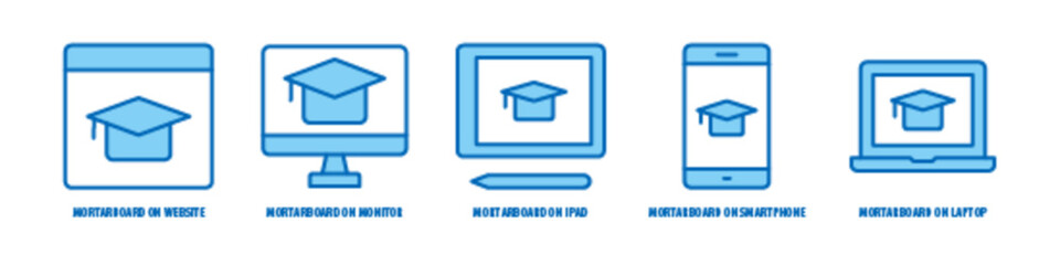 Laptop, Mortarboard on Smartphone, Mortarboard on iPad, Mortarboard on Monitor, Mortarboard on website editable stroke outline icons set isolated on white background flat vector illustration.