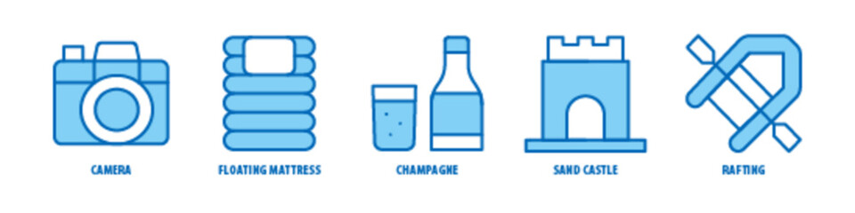 Fototapeta premium Rafting, Sand Castle, Champagne, Floating mattress, Camera editable stroke outline icons set isolated on white background flat vector illustration.