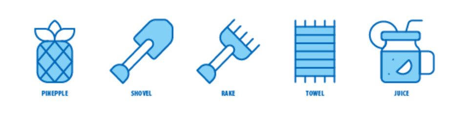 Juice, Towel, Rake, Shovel, Pineapple editable stroke outline icons set isolated on white background flat vector illustration.