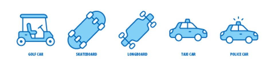 Police car, Taxi car, Longboard, Skateboard, Golf Car editable stroke outline icons set isolated on white background flat vector illustration.
