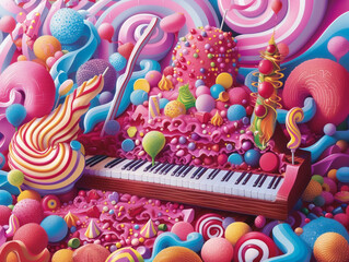 Fototapeta na wymiar A serene musical symphony composed of sweet candies in a vibrant color palette illustrated
