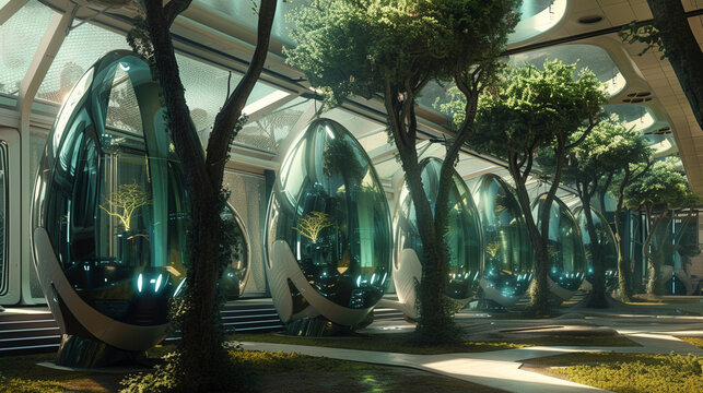 A serene view of a laboratory in the future filled with stasis pods ingeniously formed like trees