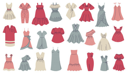 Collection of fashionable stylish women's dresses, a set of beautiful clothes. Flat vector cartoon illustration isolated on white background