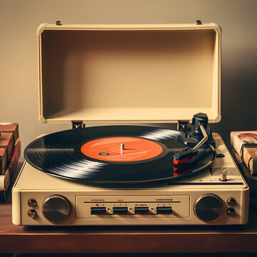 Vintage record player with vinyl records and headphones.