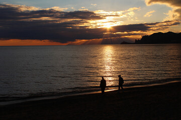 Friends walk along the beach and admire the sunset