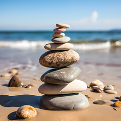 Zen stones stacked in perfect balance on a beach. 