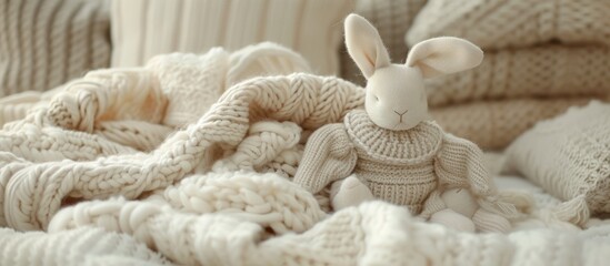 Fototapeta na wymiar Great pile of baby jersey sweaters and bunny toy in beige pastel colors . AI generated image