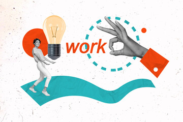 Artwork collage poster of happy successful lady hold carry big lamp bulb arm show okey sign nice job well done