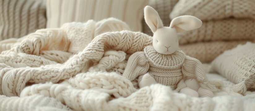 Great pile of baby jersey sweaters and bunny toy in beige pastel colors . AI generated image