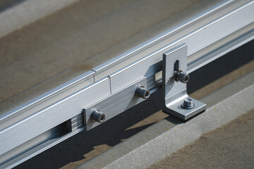 Install aluminum rails to support for solar cell panels. - obrazy, fototapety, plakaty
