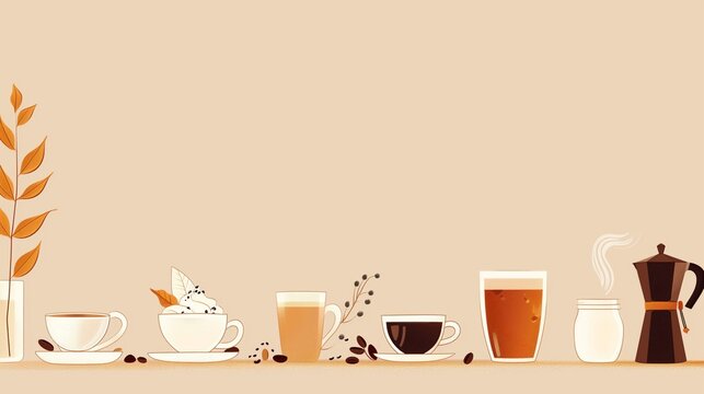 Banner with cups and glasses of coffee at the bottom illustration. Beige background with coffee, copy space.